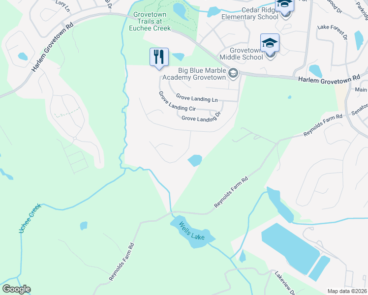 map of restaurants, bars, coffee shops, grocery stores, and more near 315 Koweta Way in Grovetown