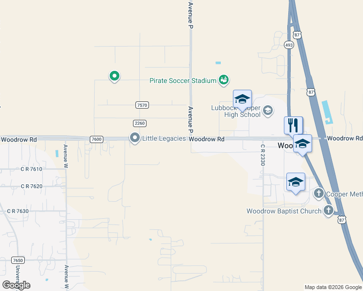 map of restaurants, bars, coffee shops, grocery stores, and more near 1701 Woodrow Road in Lubbock