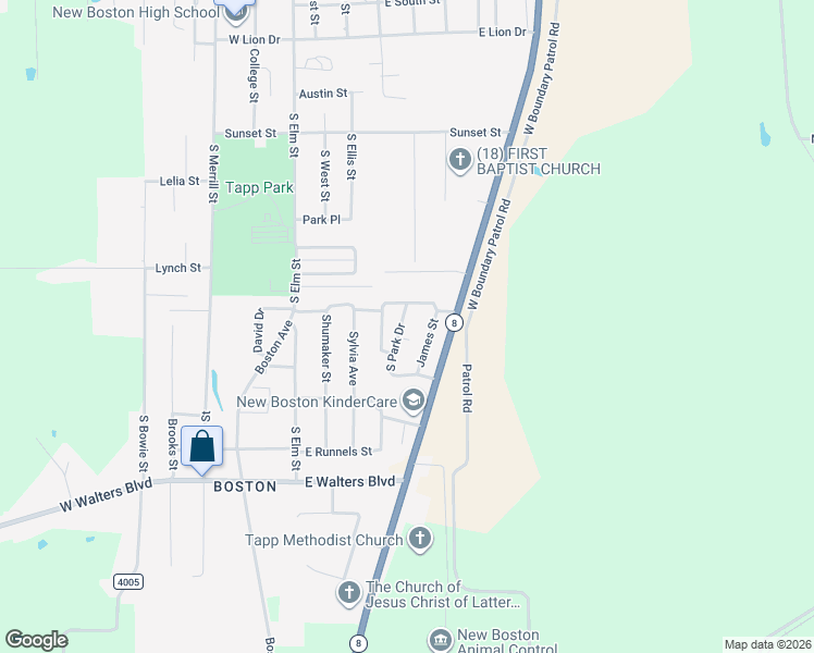 map of restaurants, bars, coffee shops, grocery stores, and more near 102 South Park Drive in New Boston
