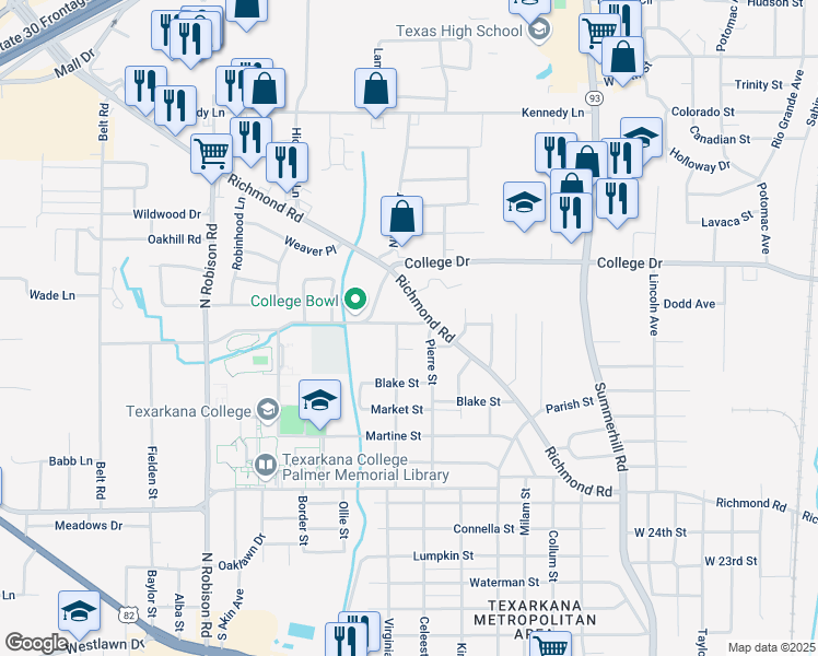 map of restaurants, bars, coffee shops, grocery stores, and more near 2303 Moser Street in Texarkana