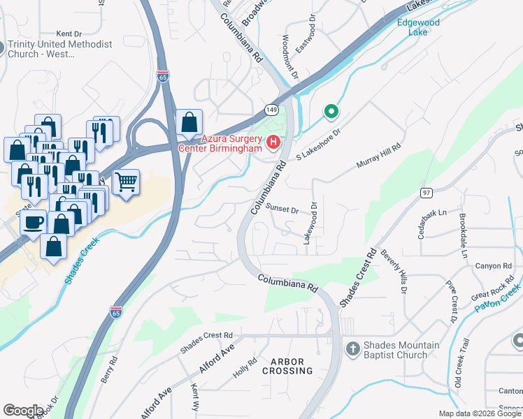 map of restaurants, bars, coffee shops, grocery stores, and more near 1701 Old Columbiana Road in Vestavia Hills