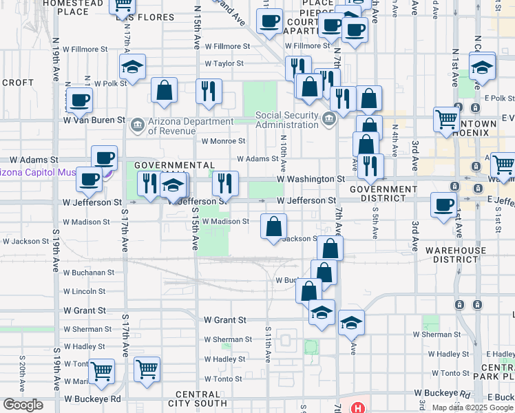 map of restaurants, bars, coffee shops, grocery stores, and more near 1109 West Jefferson Street in Phoenix