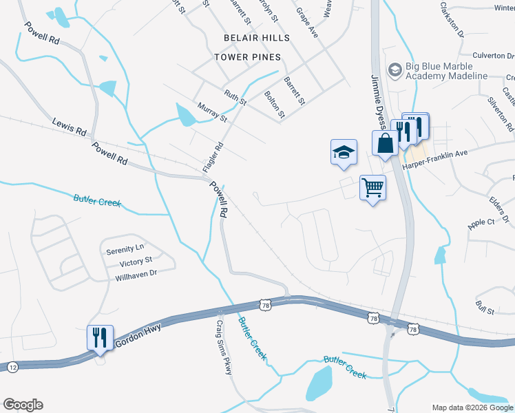 map of restaurants, bars, coffee shops, grocery stores, and more near 1977 Powell Road in Augusta