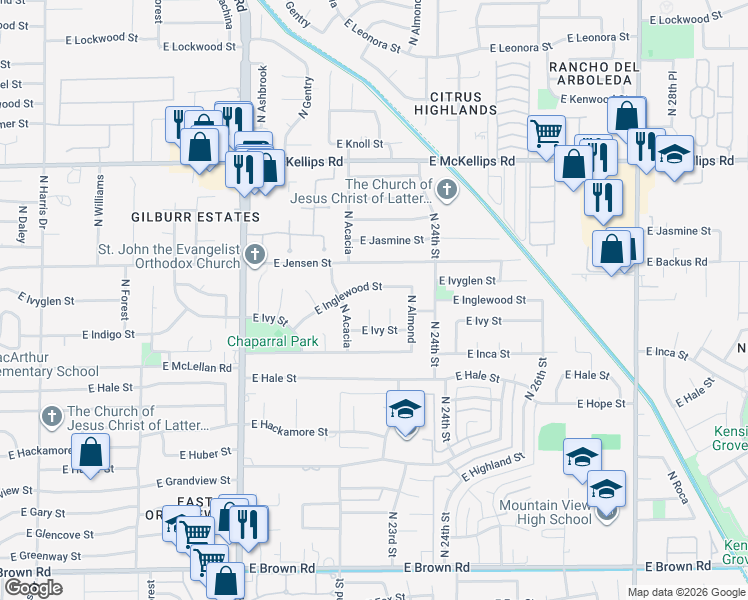 map of restaurants, bars, coffee shops, grocery stores, and more near 2257 East Inglewood Street in Mesa