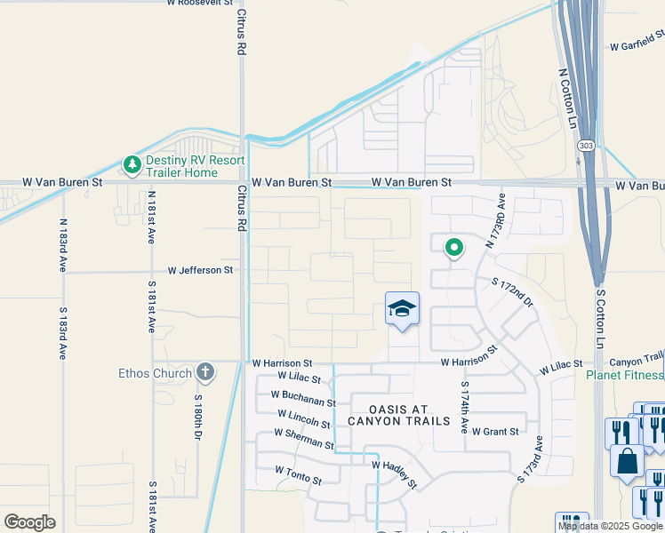 map of restaurants, bars, coffee shops, grocery stores, and more near 17701-17737 West Van Buren Street in Goodyear