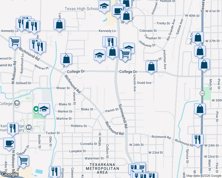 map of restaurants, bars, coffee shops, grocery stores, and more near 3323 Summerhill Road in Texarkana