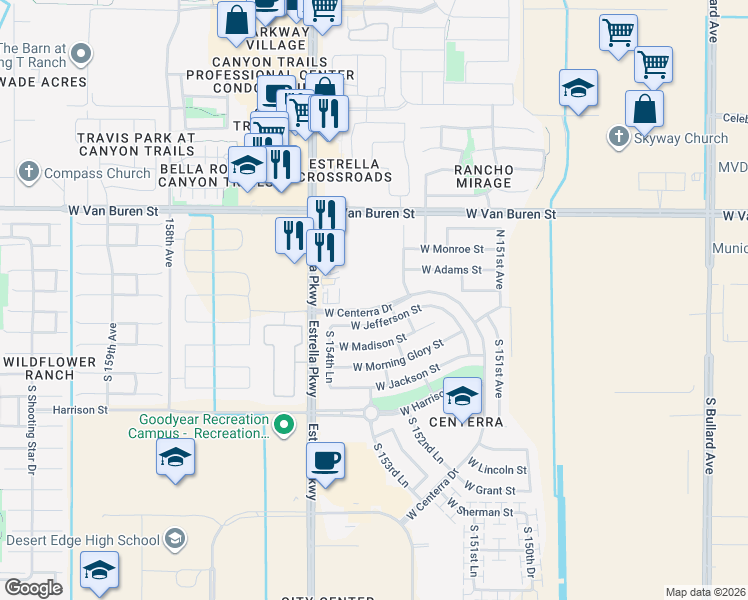 map of restaurants, bars, coffee shops, grocery stores, and more near 15390 West Centerra Drive in Goodyear
