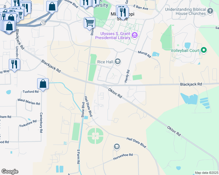map of restaurants, bars, coffee shops, grocery stores, and more near 801 Blackjack Road in Starkville