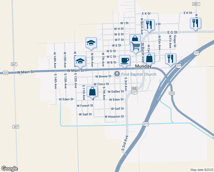map of restaurants, bars, coffee shops, grocery stores, and more near 310 South 7th Avenue in Munday