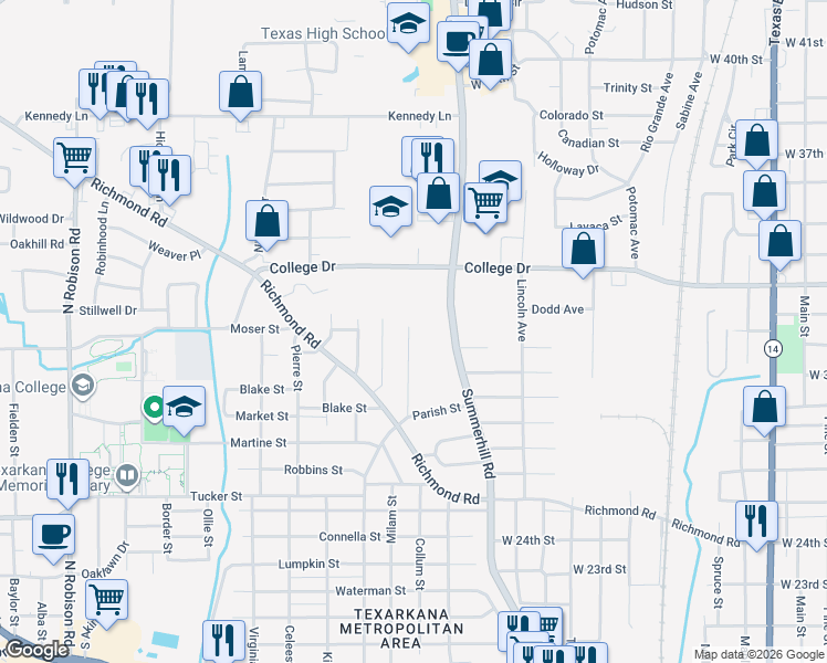 map of restaurants, bars, coffee shops, grocery stores, and more near 3323 Summerhill Road in Texarkana