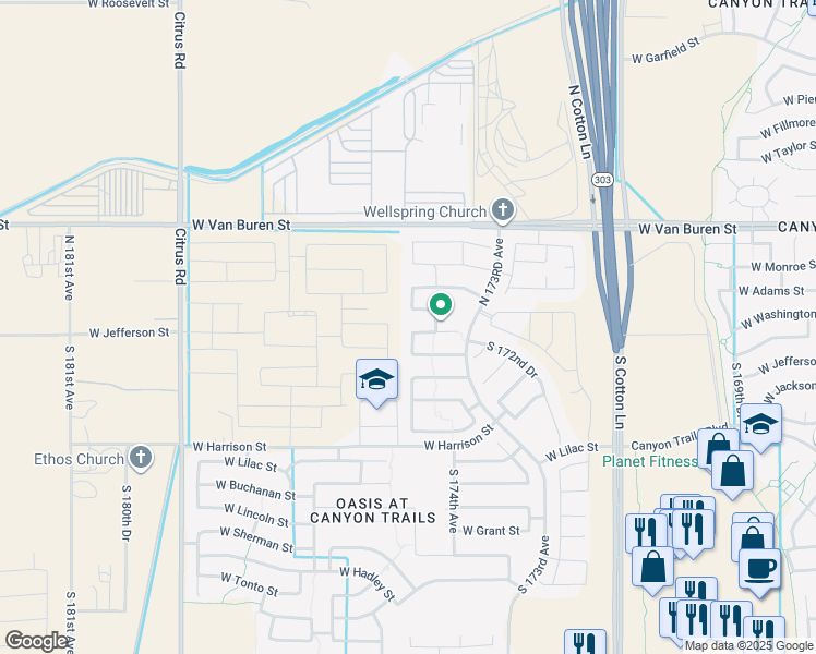 map of restaurants, bars, coffee shops, grocery stores, and more near 17470 West Mesquite Drive in Goodyear
