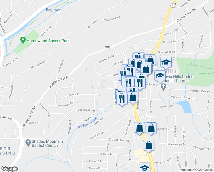 map of restaurants, bars, coffee shops, grocery stores, and more near 722 Canyon Creek Lane in Vestavia Hills