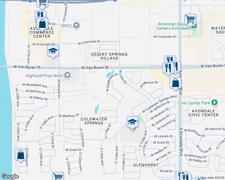 map of restaurants, bars, coffee shops, grocery stores, and more near 11930 West Monroe Street in Avondale