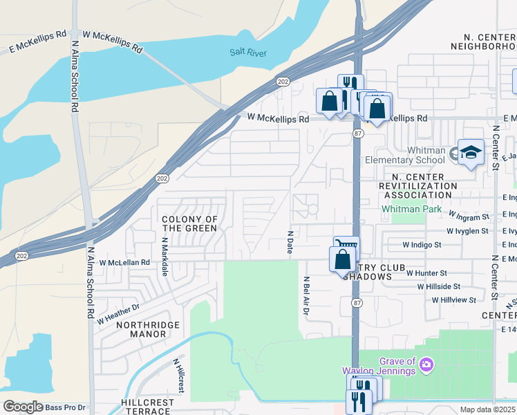 map of restaurants, bars, coffee shops, grocery stores, and more near 702 West Ingram Street in Mesa