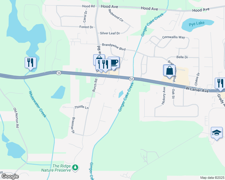 map of restaurants, bars, coffee shops, grocery stores, and more near West Lanier Avenue in Fayette County
