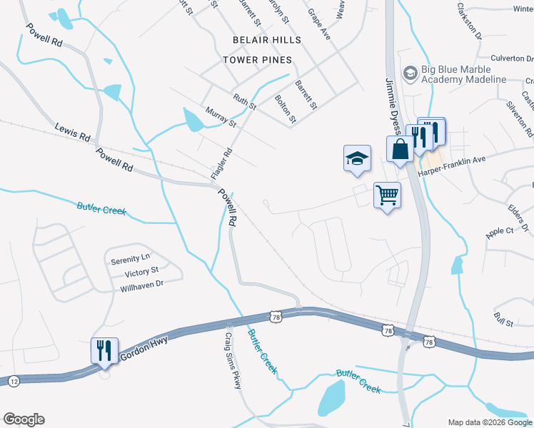 map of restaurants, bars, coffee shops, grocery stores, and more near 1977 Powell Road in Augusta