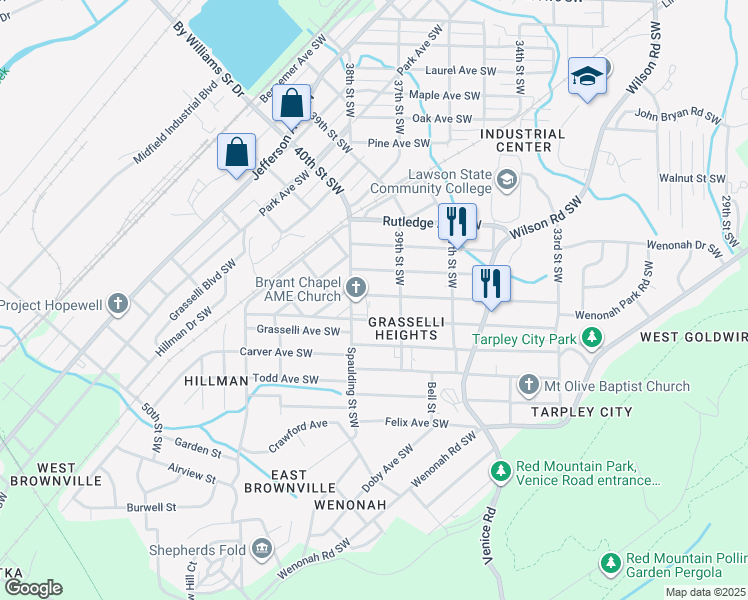 map of restaurants, bars, coffee shops, grocery stores, and more near 3925 Howard Avenue Southwest in Birmingham