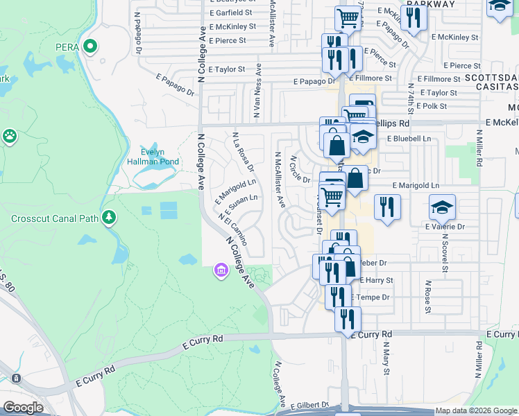 map of restaurants, bars, coffee shops, grocery stores, and more near 450 East Barbara Drive in Tempe
