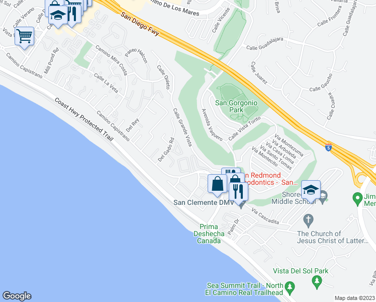 map of restaurants, bars, coffee shops, grocery stores, and more near 238 Del Gado Road in San Clemente