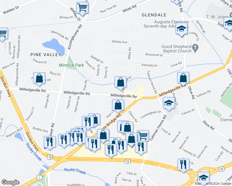 map of restaurants, bars, coffee shops, grocery stores, and more near 2527 Milledgeville Road in Augusta
