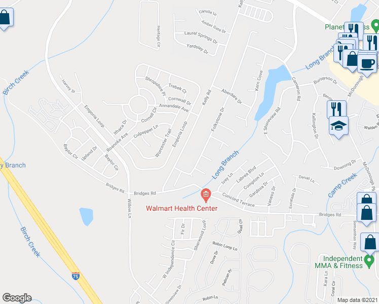 map of restaurants, bars, coffee shops, grocery stores, and more near 443 Kelly Road in McDonough
