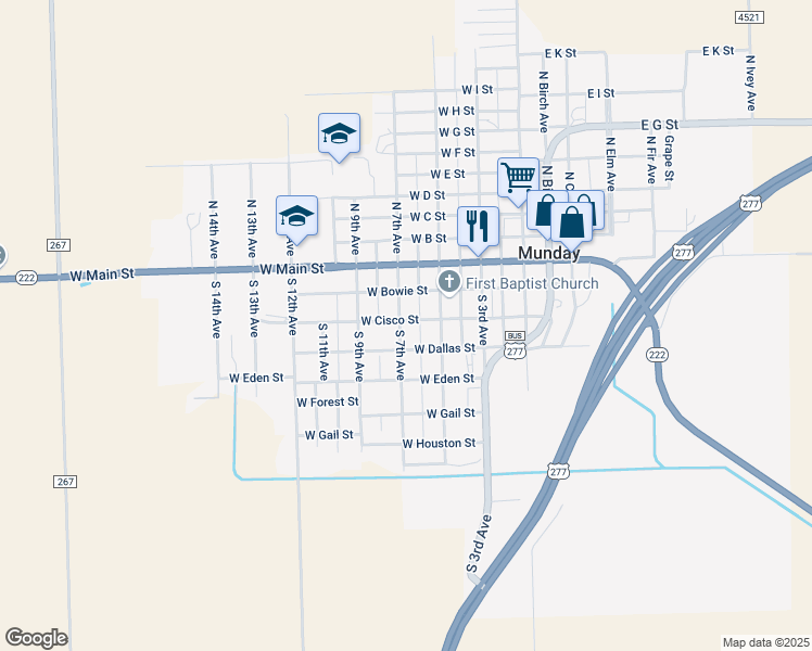 map of restaurants, bars, coffee shops, grocery stores, and more near 310 South 7th Avenue in Munday