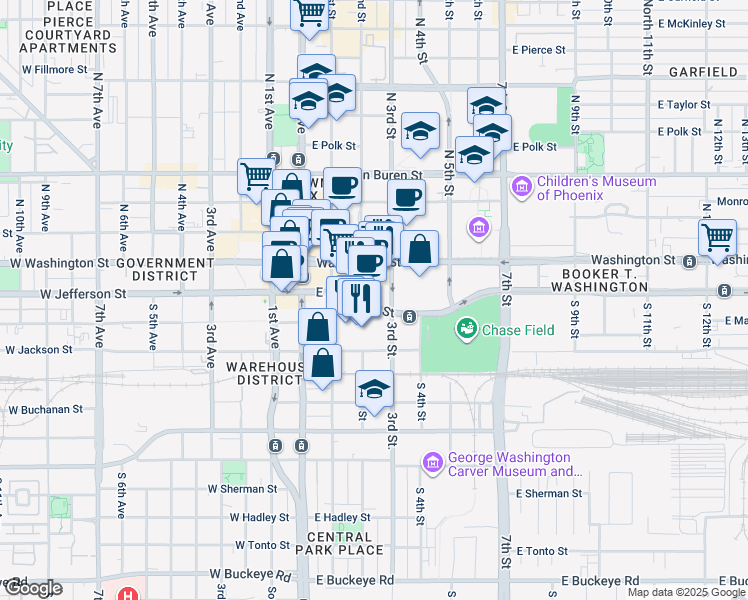 map of restaurants, bars, coffee shops, grocery stores, and more near 222 East Jefferson Street in Phoenix