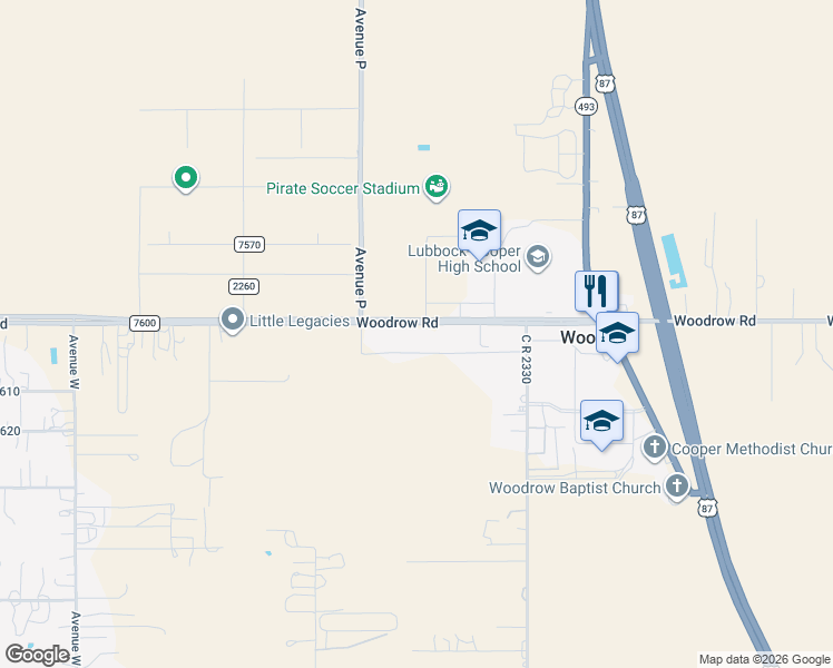 map of restaurants, bars, coffee shops, grocery stores, and more near 1409 Woodrow Road in Lubbock