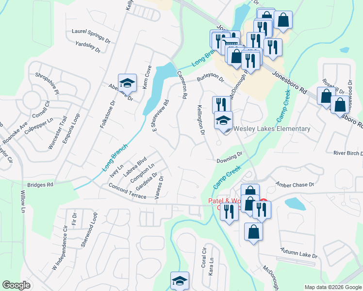 map of restaurants, bars, coffee shops, grocery stores, and more near 307 Cameron Road in McDonough