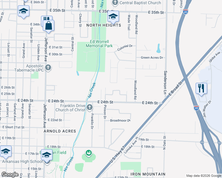 map of restaurants, bars, coffee shops, grocery stores, and more near 7 Briarridge Drive in Texarkana