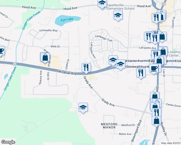 map of restaurants, bars, coffee shops, grocery stores, and more near West Lanier Avenue in Fayette County