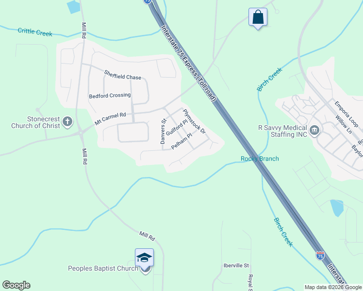 map of restaurants, bars, coffee shops, grocery stores, and more near 529 Pelham Place in McDonough