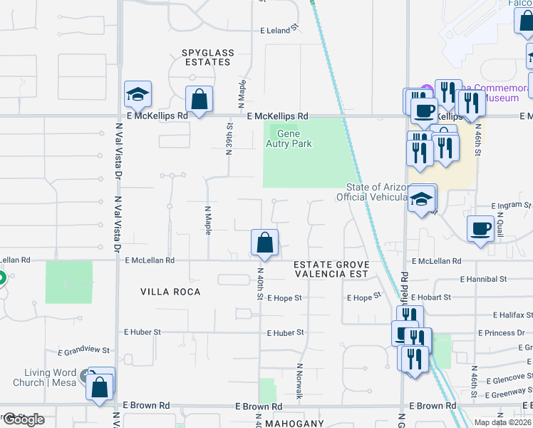 map of restaurants, bars, coffee shops, grocery stores, and more near 3950 East McLellan Road in Mesa