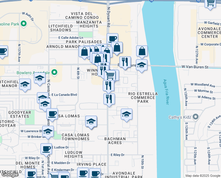 map of restaurants, bars, coffee shops, grocery stores, and more near 1223 North Dysart Road in Avondale