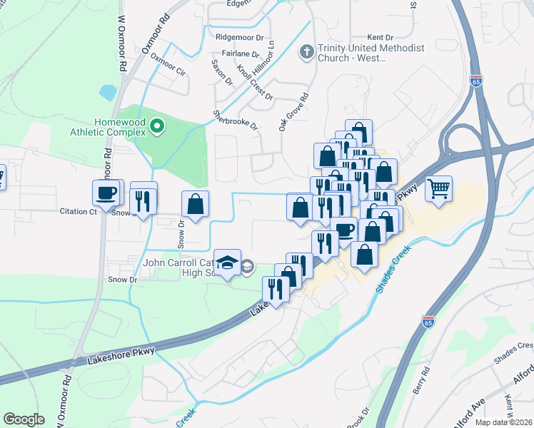 map of restaurants, bars, coffee shops, grocery stores, and more near 492 Wildwood Circle North in Homewood