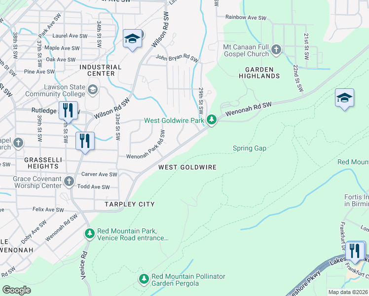 map of restaurants, bars, coffee shops, grocery stores, and more near 3037 Ishkooka-Wenonah Road Southwest in Birmingham