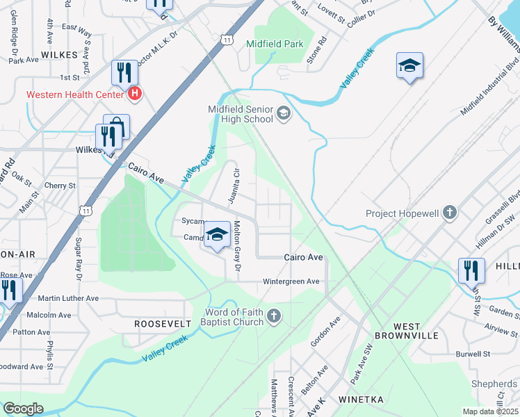 map of restaurants, bars, coffee shops, grocery stores, and more near 5101 Whatley Street in Birmingham