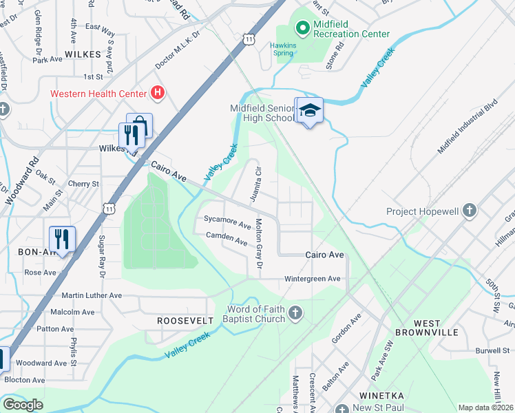 map of restaurants, bars, coffee shops, grocery stores, and more near 5624 Cairo Avenue in Birmingham