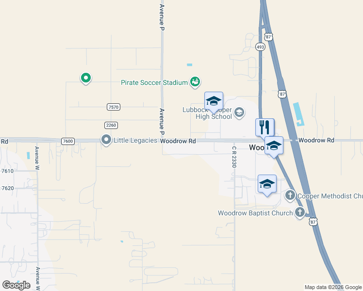 map of restaurants, bars, coffee shops, grocery stores, and more near 1409-1515 Woodrow Road in Lubbock