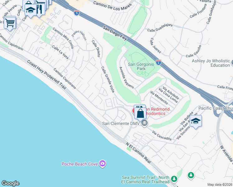 map of restaurants, bars, coffee shops, grocery stores, and more near 238 Del Gado Road in San Clemente