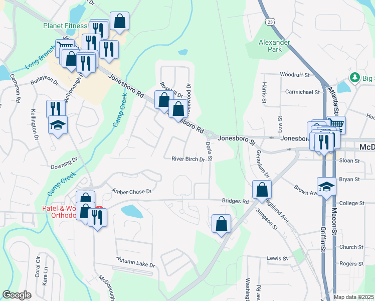 map of restaurants, bars, coffee shops, grocery stores, and more near 1119 Whisper Wind Drive in McDonough