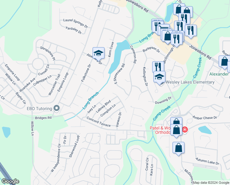 map of restaurants, bars, coffee shops, grocery stores, and more near 510 Concord Terrace in McDonough