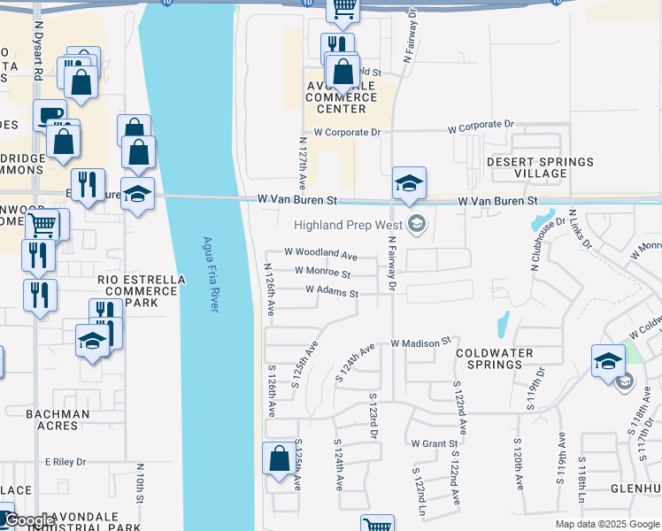 map of restaurants, bars, coffee shops, grocery stores, and more near 12510 West Monroe Street in Avondale