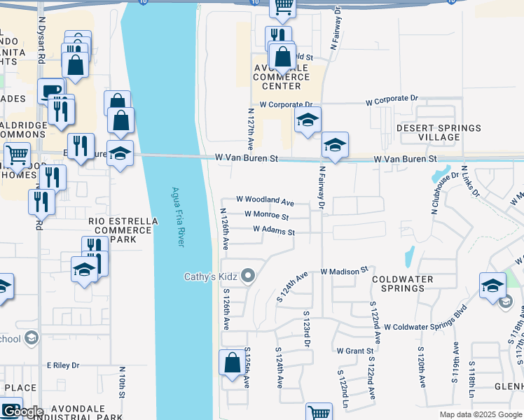 map of restaurants, bars, coffee shops, grocery stores, and more near 12510 West Monroe Street in Avondale