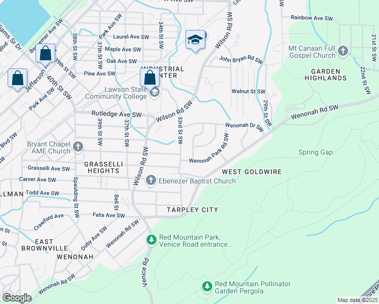 map of restaurants, bars, coffee shops, grocery stores, and more near 3056 Wenonah Park Place Southwest in Birmingham