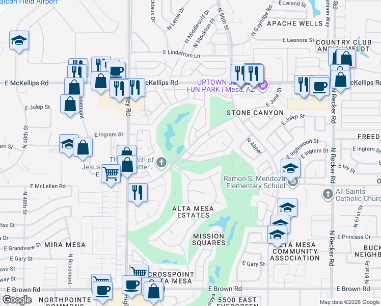 map of restaurants, bars, coffee shops, grocery stores, and more near 17 East Pad in Mesa