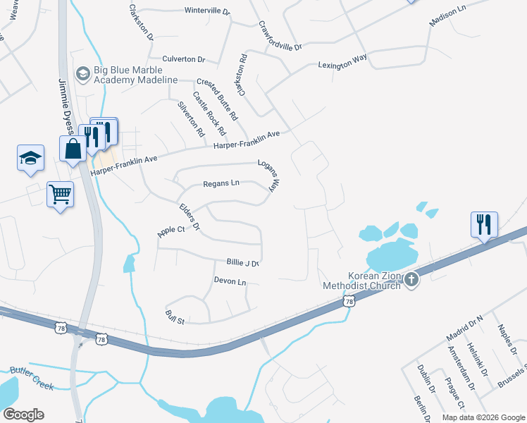 map of restaurants, bars, coffee shops, grocery stores, and more near 4573 Logans Way in Augusta