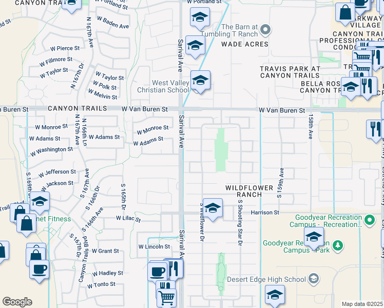map of restaurants, bars, coffee shops, grocery stores, and more near 16257 West Washington Street in Goodyear