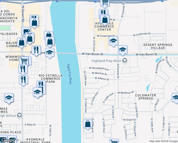 map of restaurants, bars, coffee shops, grocery stores, and more near 12550 West Monroe Street in Avondale