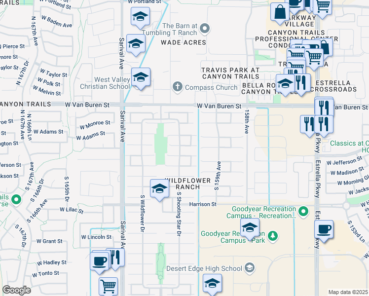 map of restaurants, bars, coffee shops, grocery stores, and more near 16071 West Washington Street in Goodyear